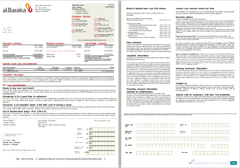 Download Bahrain Al Baraka bank mortgage statement, 2 pages, 1 2 scr Photoshop template